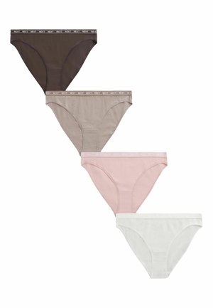 Four women’s bikini briefs in dark brown, taupe, light pink, and white, each with a branded waistband reading "NEXT."