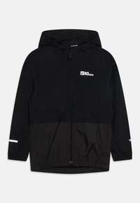 Zwarte lichtgewicht hooded jack met ritssluiting, elastische manchetten en reflecterende accenten. Heeft een contrasterend paneel ontwerp en logo-detail.