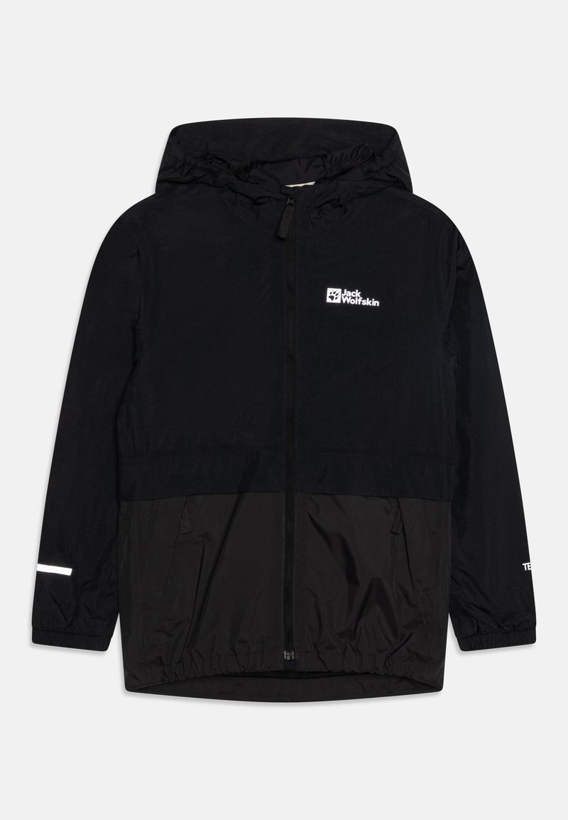 Zwarte lichtgewicht hooded jack met ritssluiting, elastische manchetten en reflecterende accenten. Heeft een contrasterend paneel ontwerp en logo-detail.