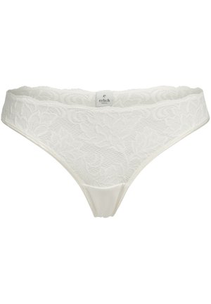 Weiße Spitzenunterhose mit floralem Muster, ausgestattet mit einem glatten Baumwollfutter. Der Bund ist weich und breit, was einen komfortablen Sitz bietet.