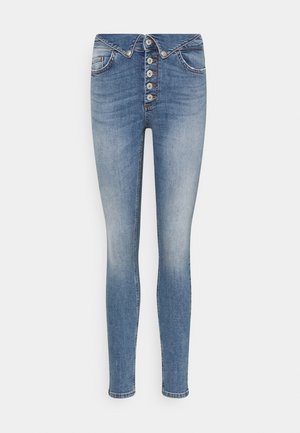 Blauwe denim skinny jeans met hoge taille, knoopsluiting, voorzakken en vervaagde details op dijen en knieën.