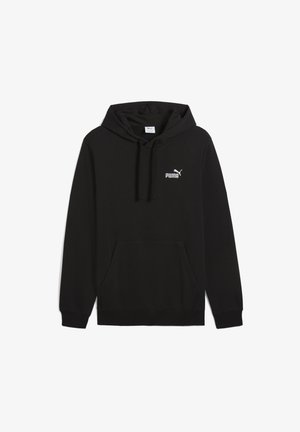 Zwarte hoodie van een katoenmengsel, met een voorste kangoeroezak, een capuchon met trekkoord en een wit Puma-logo op de bovenste linkerborst.
