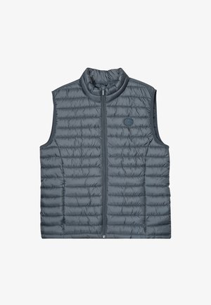 Gilet matelassé gris foncé avec un col haut, doté d'une fermeture éclair à l'avant, d'un motif matelassé horizontal et d'un logo rond sur la poitrine gauche.