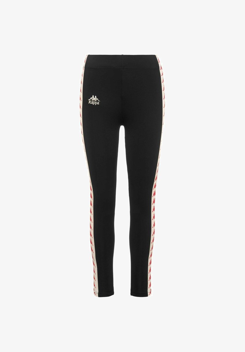 Leggings sportivi neri con vita alta, pannelli laterali con loghi rossi ripetuti e un materiale liscio e elastico.