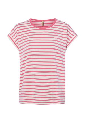 Weißes kurzärmeliges T-Shirt mit horizontalen pinken Streifen und einem einfarbigen pinken runden Halsausschnitt, dargestellt auf einem einfachen weißen Hintergrund.