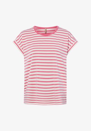 Weißes kurzärmeliges T-Shirt mit horizontalen pinken Streifen und einem einfarbigen pinken runden Halsausschnitt, dargestellt auf einem einfachen weißen Hintergrund.