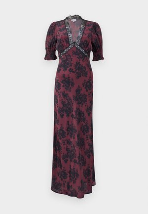 Veste longa burgundy com padrão floral preto, apresentando mangas bufantes, um decote em V profundo, e detalhes em renda ao redor do decote e da cintura.