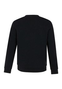 Felpa nera con maniche lunghe, scollo rotondo e polsini e orlo a costine. Tessuto liscio con un design semplice e un piccolo logo sul fondo.