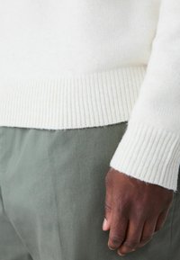 Kreemjas soonikuga kudum, pehme tekstuuriga, millel on sobiv äär. Kannab oliivroheline pükse, käsi osaliselt nähtav.