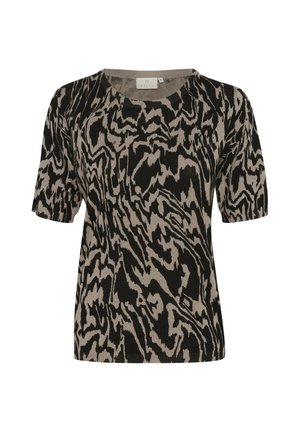 Mustmust ja beež lühikeste varrukatega sviiter, millel on sebrariide muster, ümar kaelus ja soonikkoes pehme kangas.