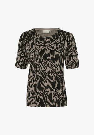 Mustmust ja beež lühikeste varrukatega sviiter, millel on sebrariide muster, ümar kaelus ja soonikkoes pehme kangas.