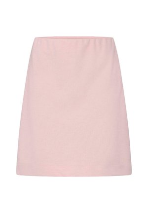 Jupe rose clair, taille haute, longueur genou, avec un ourlet droit et une texture de tissu lisse.