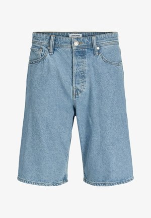 Hellblaue Jeansshorts mit Frontknopf und Reißverschluss, Gürtelschlaufen sowie Taschen vorne und hinten.