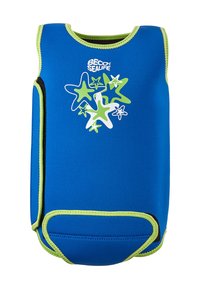 Gilet de natation en néoprène bleu avec un design d'étoile de mer en vert et blanc, finition en lime vert contrastant et panneau latéral noir.