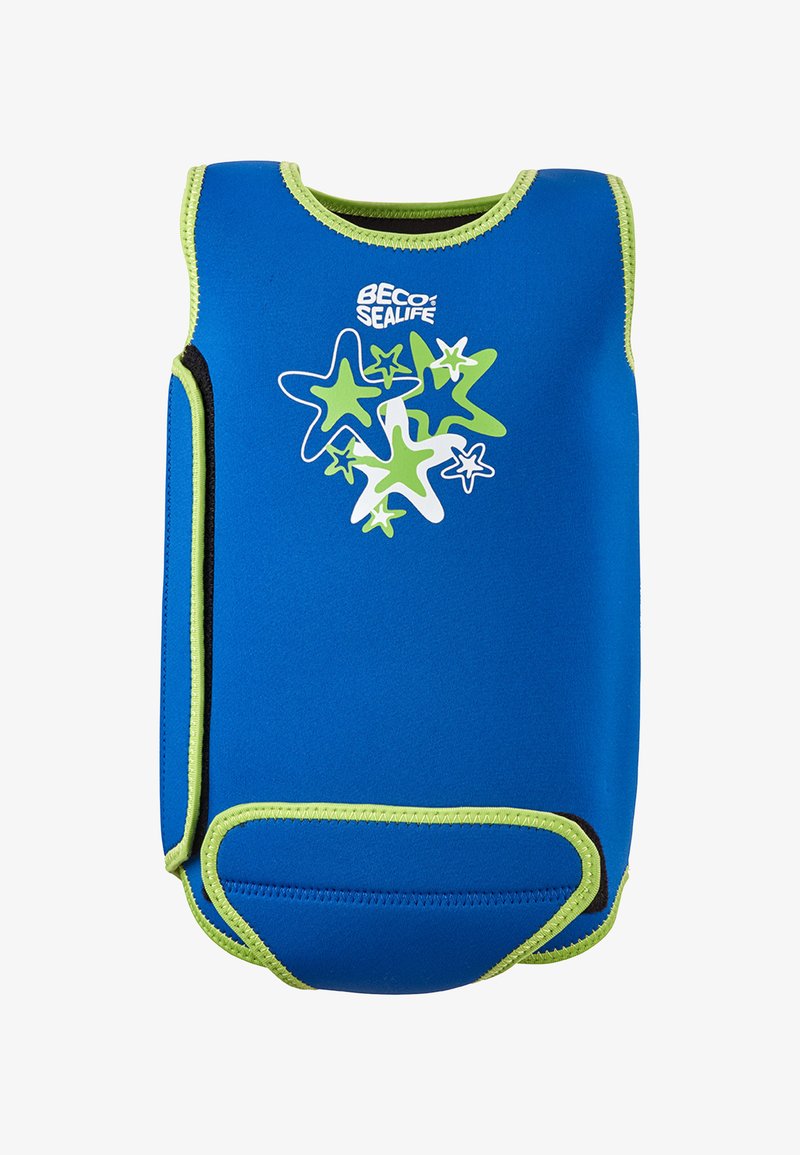Gilet de natation en néoprène bleu avec un design d'étoile de mer en vert et blanc, finition en lime vert contrastant et panneau latéral noir.