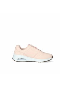 Scarpa da ginnastica rosa chiaro con una tomaia liscia in materiale sintetico, suola intermedia bianca e ammortizzazione ad aria visibile nel tallone. Accenti testurizzati sulla linguetta.