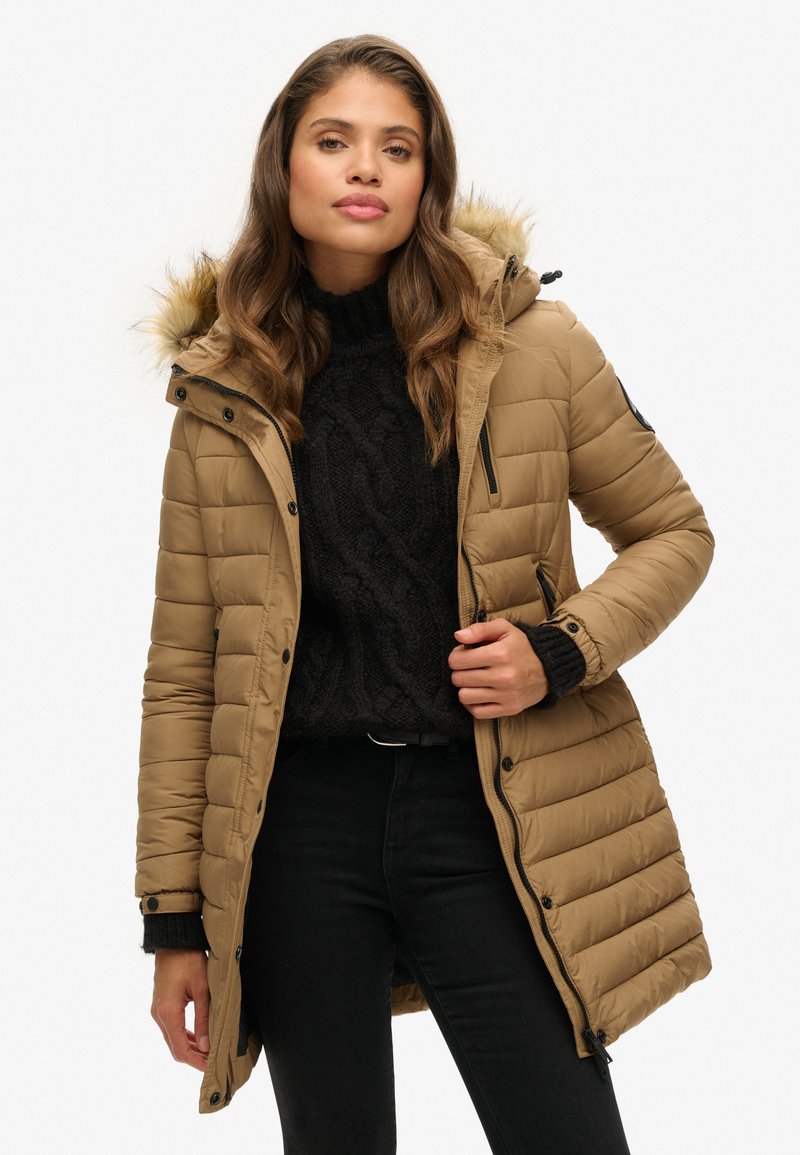 Superdry & Co FUJI HOODED MID LENGTH PUFFER - Vinterfrakke - sandstone brown