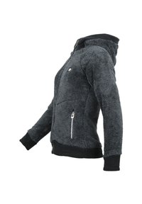 Grå fleece hoodie med tekstureret finish, fuld lynlås, to sidelommer, sorte manchetter og hætte, med et lille logo detaljer.