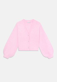 Roze cropped cardigan met een V-hals, lange pofmouwen en vijf knopen. Gemaakt van zacht, licht materiaal.