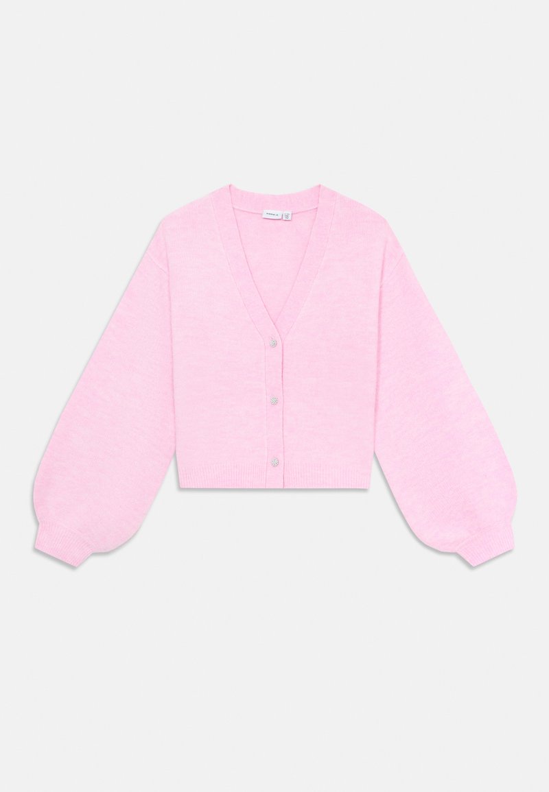 Cardigan corto rosa con scollatura a V, maniche a sbuffo lunghe e cinque bottoni. Realizzato in materiale morbido e leggero.