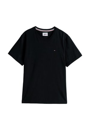 Sort bomulds T-shirt med rund hals, korte ærmer og et lille logo i rød, hvid og blå på venstre brystområde.
