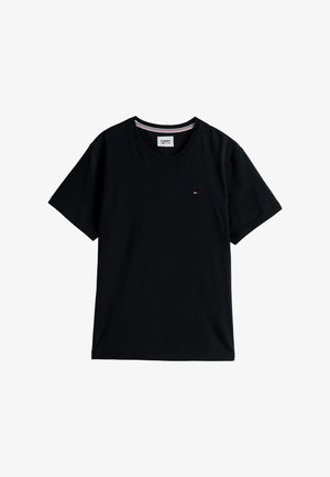 Black cotton t-shirt featuring a crew neck, short sleeves, and a small logo in red, white, and blue on the left chest area.