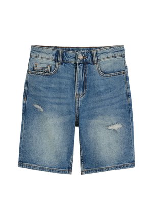 Modré rifľové šortky s jemným vyblednutím a ošúchanými časťami na prednej strane, s opaskovými očkami, zapínaním na gombík a prednými vreckami.