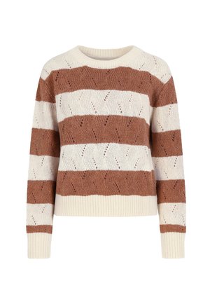 Maglione a maglia con righe orizzontali marroni e crema. Presenta un collo rotondo, polsini a coste e motivi testurizzati su tutta la superficie.
