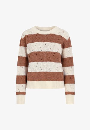 Maglione a maglia con righe orizzontali marroni e crema. Presenta un collo rotondo, polsini a coste e motivi testurizzati su tutta la superficie.