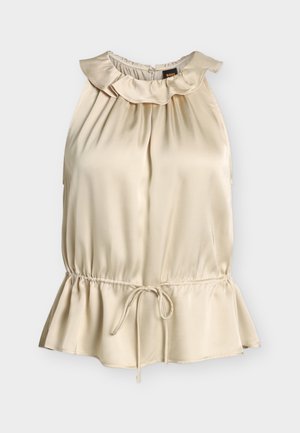 Ujjatlan krémszínű szatén blúz fodros nyakrésszel és húzózsinóros derékkal, lágy redőkkel és bővülő szegéllyel.