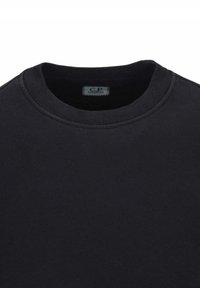 Felpa nera in cotone con collo rotondo, texture liscia e dettagli di cucitura discreti. Etichetta visibile nell'area del collo.