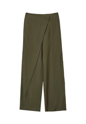 Olivengrüne weit geschnittene Hosen mit asymmetrischem Wickeldetail und seitlichem Reißverschluss.
