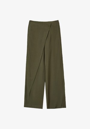 Pantaloni a gamba larga verde oliva con dettaglio incrociato asimmetrico e chiusura con zip laterale.