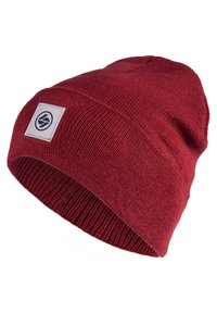 Rote Strickmütze aus weichem Stoff, mit umgeschlagenem Rand und einem quadratischen Logo-Patch an der Seite. Glatte Textur mit einem engen Sitz.