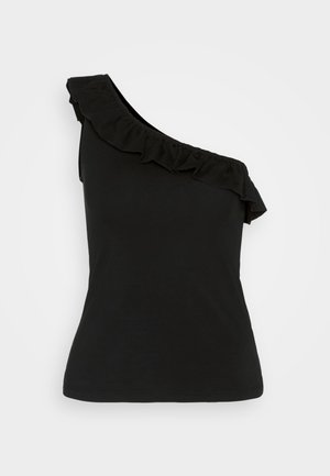 Black one-shoulder top with ruffled neckline, soft cotton material, fitted design, and seamless hem. Simple and elegant silhouette.