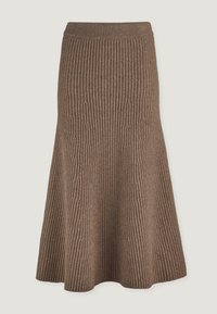 Brauner gerippter Strickrock, knielang, ausgestellte Form,Textil mit strukturiertem Gewebe und vertikalen Streifen, elastischer Bund, keine sichtbaren Verschlüsse oder Verzierungen.