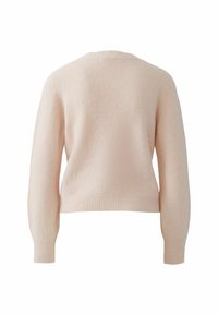 Pull en tricot rose clair à manches longues avec des poignets et un ourlet côtelés, présenté de dos sur fond blanc.
