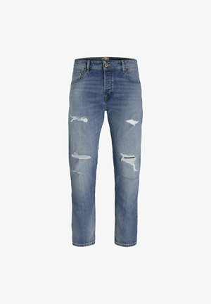 Light blue jeans made of denim with a relaxed fit. Features distressed rips on the front, five pockets, and a button closure.