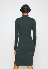 Ribbed green dress with long sleeves and a high neck, featuring a side zipper and fitted design. Smooth texture and mid-calf length.