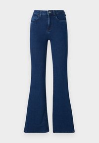 Jeans acampanados de color azul oscuro con una cintura alta, cinco bolsillos, cierre de cremallera y botón. Tejido de denim suave con una textura uniforme.