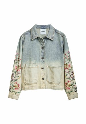 Denim jacket featuring a light blue gradient, two front pockets, and intricate floral embroidery in pink, purple, and green on sleeves.