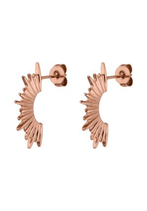 Halbkreisförmige Ohrringe aus Roségold mit spitzem, strukturiertem Design und Steckverschluss, dargestellt vor weißem Hintergrund.