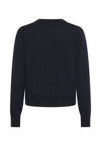 Marineblauer Pullover mit langen Ärmeln, runder Ausschnitt, gerippten Bündchen und Saum. Glatte Textur, taillierte Passform, minimalistischer Stil.