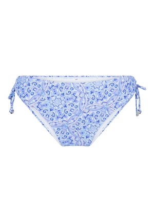 Bikini blu e bianco in tessuto con motivo paisley. Lacci laterali regolabili con piccoli accenti metallici. Texture morbida e liscia.