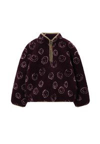 Bordeaux fleece pullover met grote cirkelvormige print, halflange ritssluiting en contrasterende beige kraag. Zacht, textuurrijk materiaal met een comfortabele uitstraling.