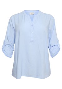 Himmelblaues Langarmbluse mit Stehkragen, zwei Knöpfen an der Vorderseite und hochrollbaren Ärmeln, die mit Knopf-Bändern gesichert sind.