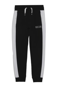 Svarta sweatpants med vita sidremsor, elastisk midja med dragsnöre och "NIKE AIR"-logotyp på framsidan. Mjuk bomullsblandning.