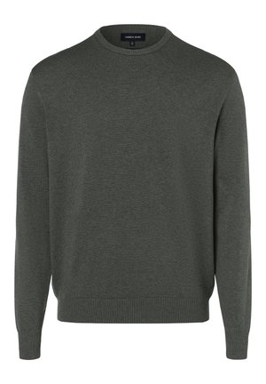 Pull gris foncé à manches longues avec col rond, poignets et ourlet côtelés, présenté à plat sur un fond blanc.