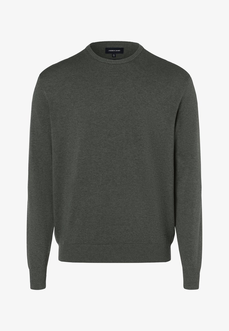 Pull gris foncé à manches longues avec col rond, poignets et ourlet côtelés, présenté à plat sur un fond blanc.