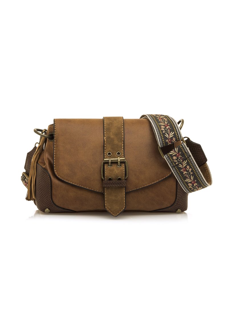 Borsa in similpelle marrone con chiusura a fibbia, dettagli testurizzati e una tracolla ricamata con disegni floreali.